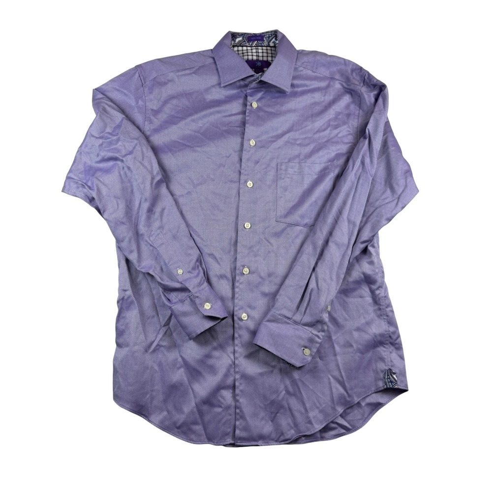 Egara Non Iron Dress‎ Shirt Mens L 16-16.5 Purple Textured Paisley Trim Cotton